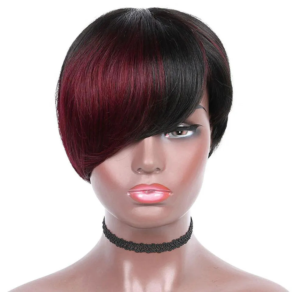 1b/99j Red Color Pixie Short Cut Bob Human Hair - Full Machine Wigs