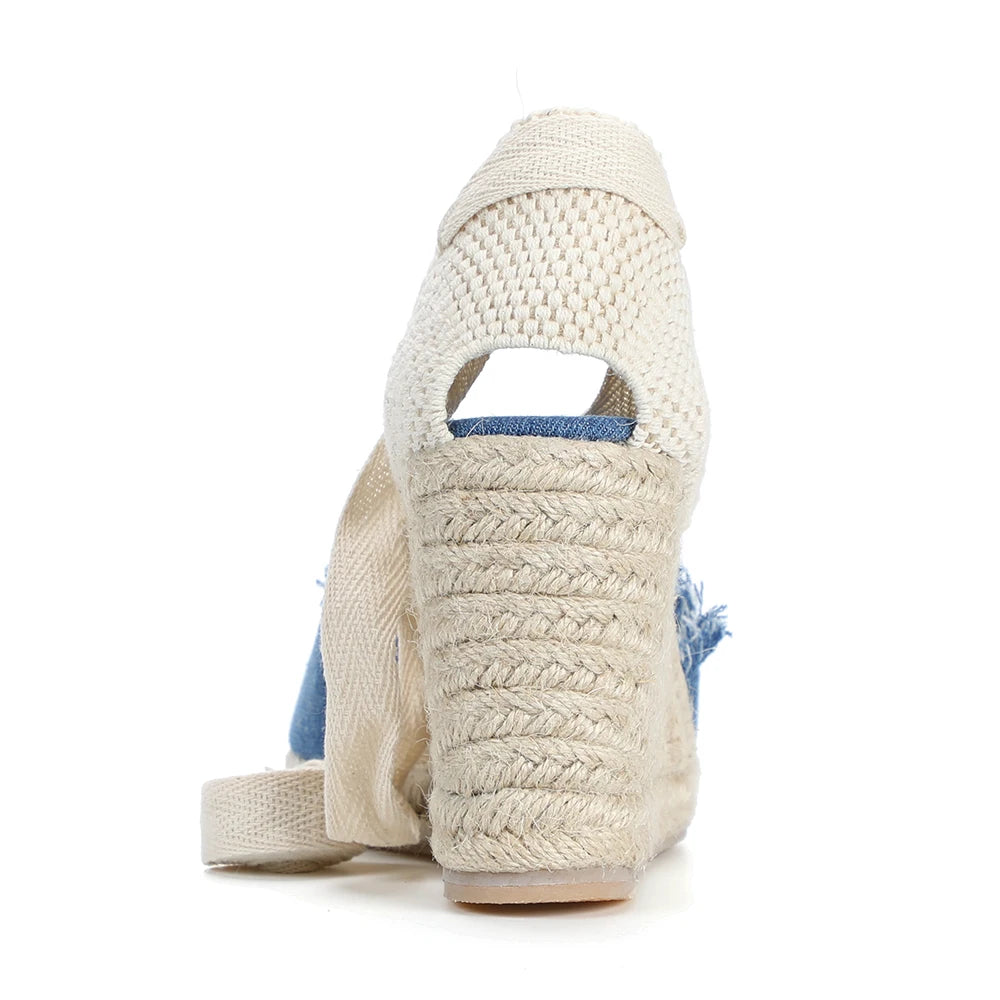 9cm Denim Sandals Espadrilles Wedge For With Ankle Strap