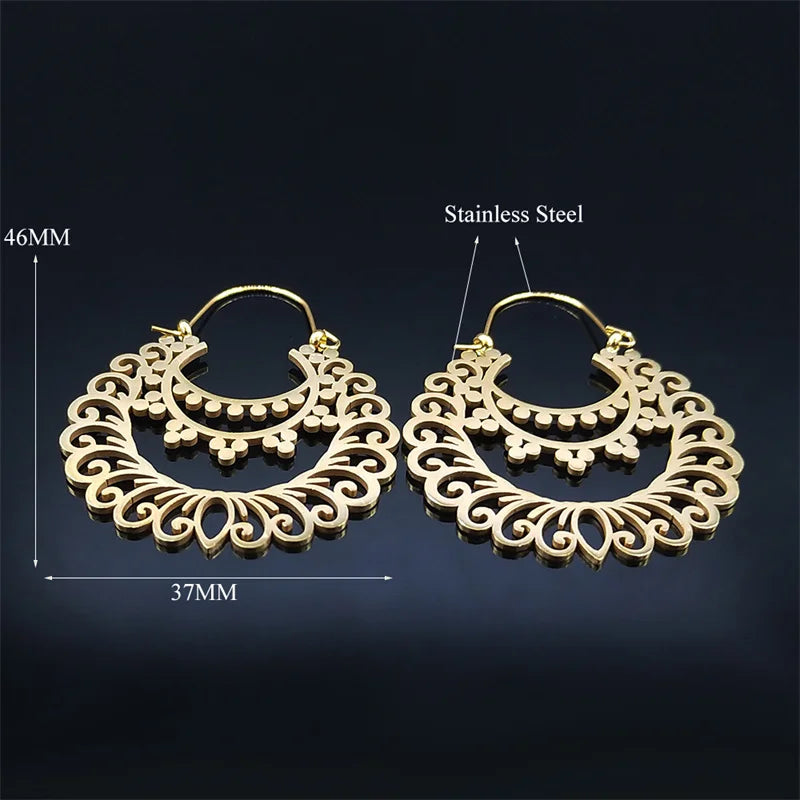 Stainless Steel Gold Color Big Flower Circle Earrings - Boho Jewery