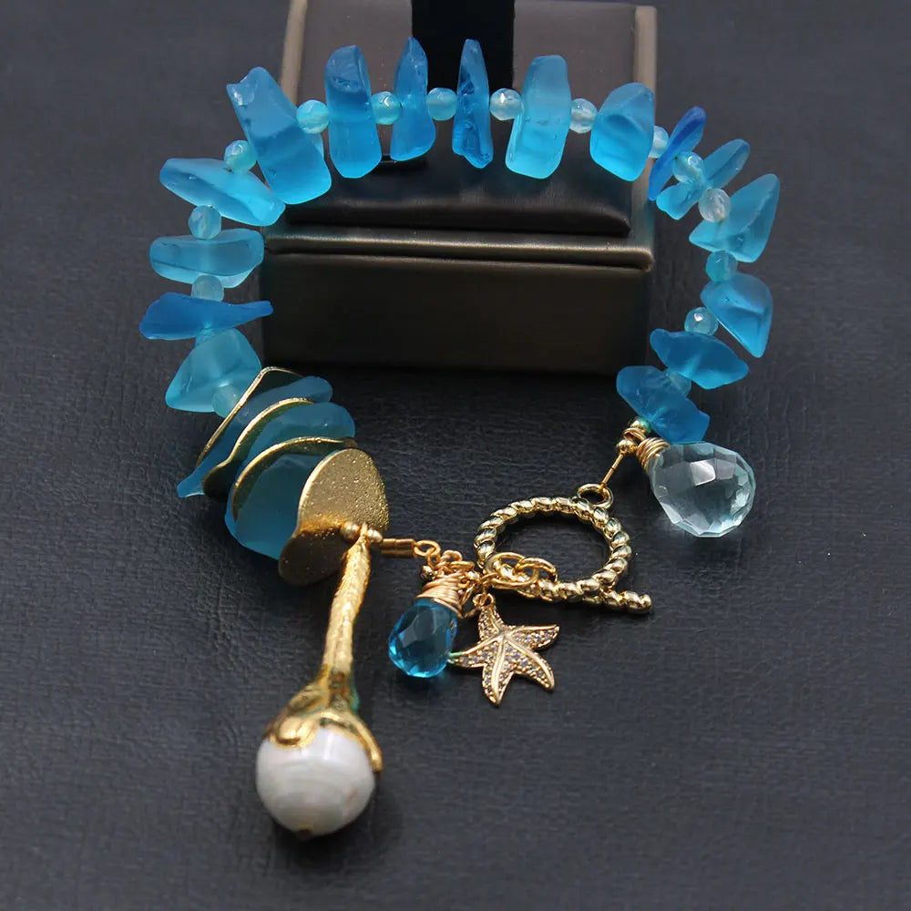 GG Natural Blue Glass Quartz Electroplate Gold Color Plated Keshi Pearl Bracelet
