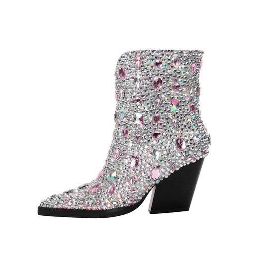 Pointed Rhinestone Ankle Boots Western Cowboy Boots