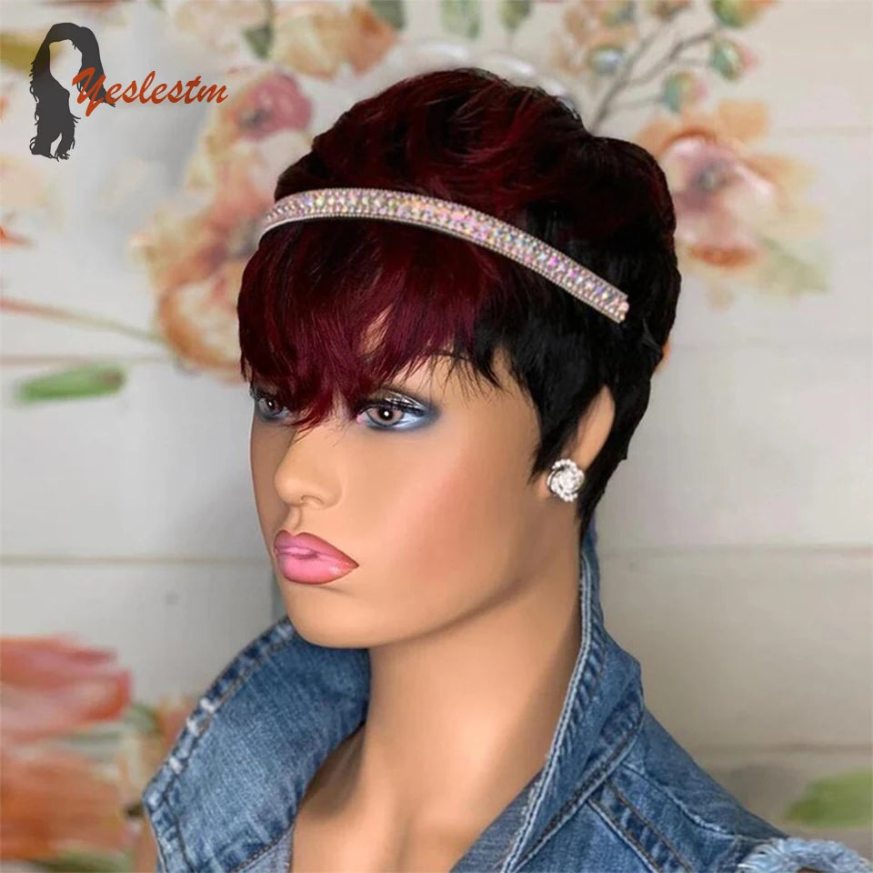 1b/99j Red Color Pixie Short Cut Bob Human Hair - Full Machine Wigs