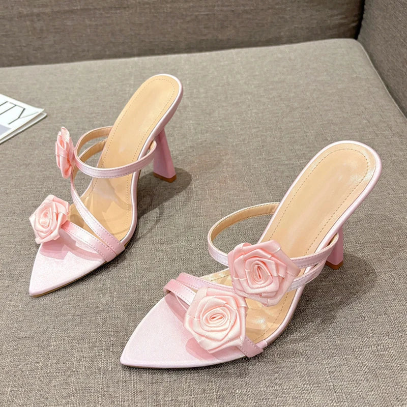 Liyke Fashion Design Green Silk Rose Flowers Slippers Sandal