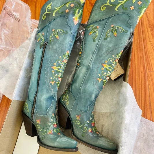 Vintage Blue Leather Flower Embroidery Knee Boots S