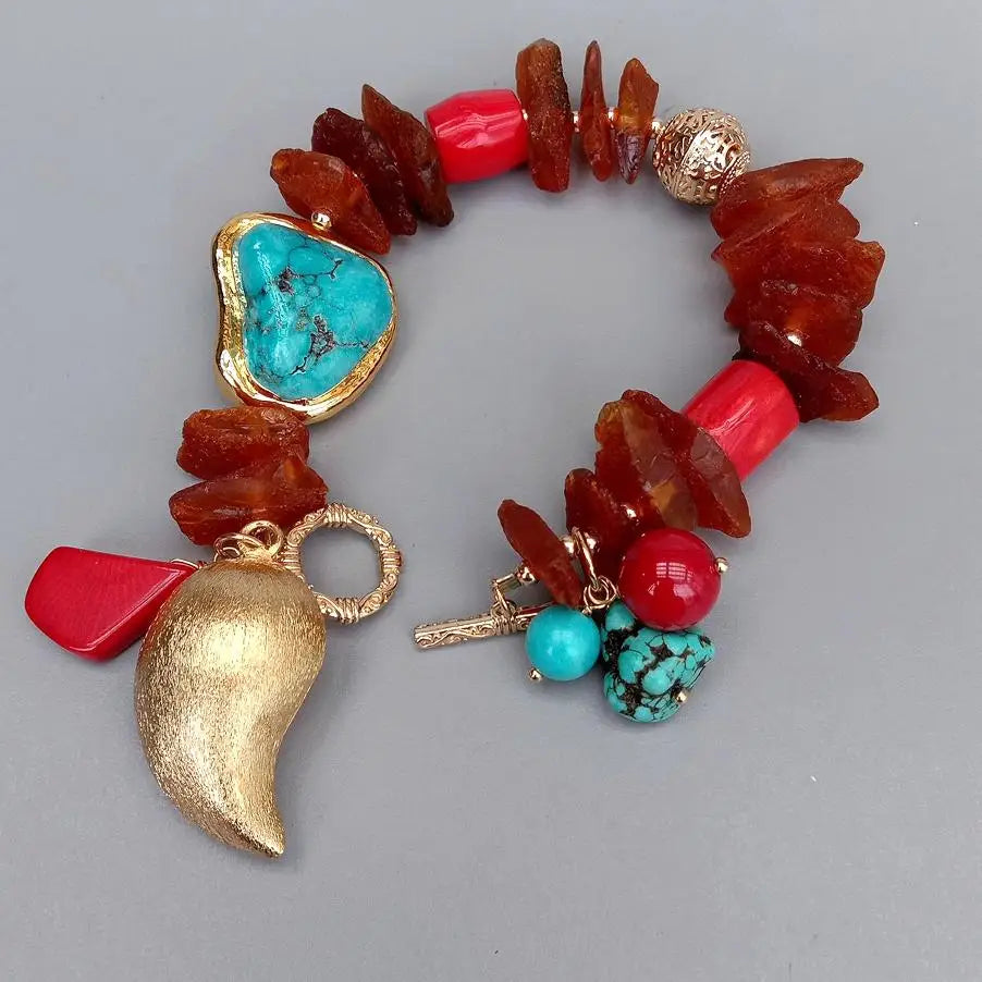 Y.YING Natural Amber Rough Blue Turquoise red coral charm bracelet 8'