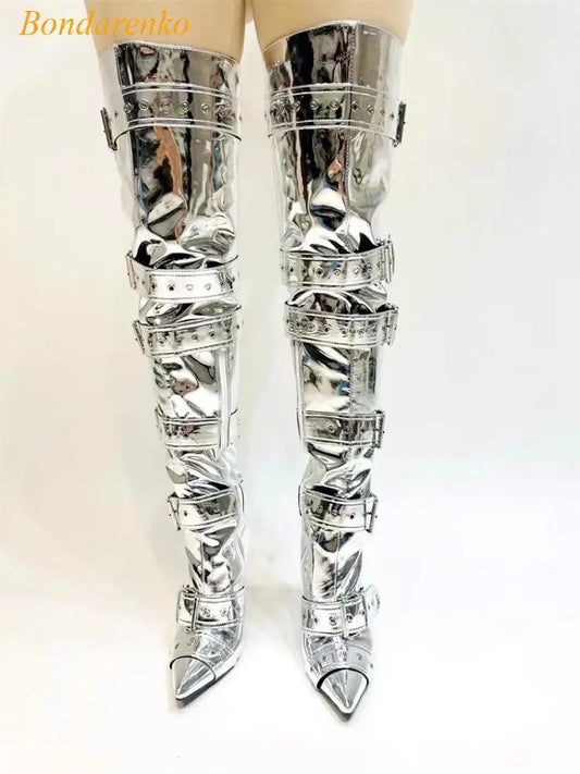 Metal Stiletto Heels Thigh-High Boots- Buckles Straps