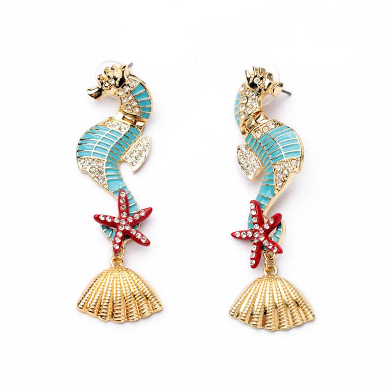 LUBOV Gorgeous Sea Horses Starfish Seashell Statement Earrings
