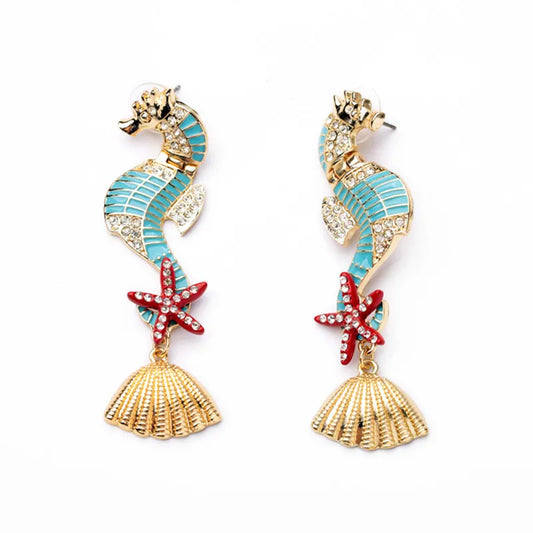 LUBOV Gorgeous Sea Horses Starfish Seashell Statement Earrings