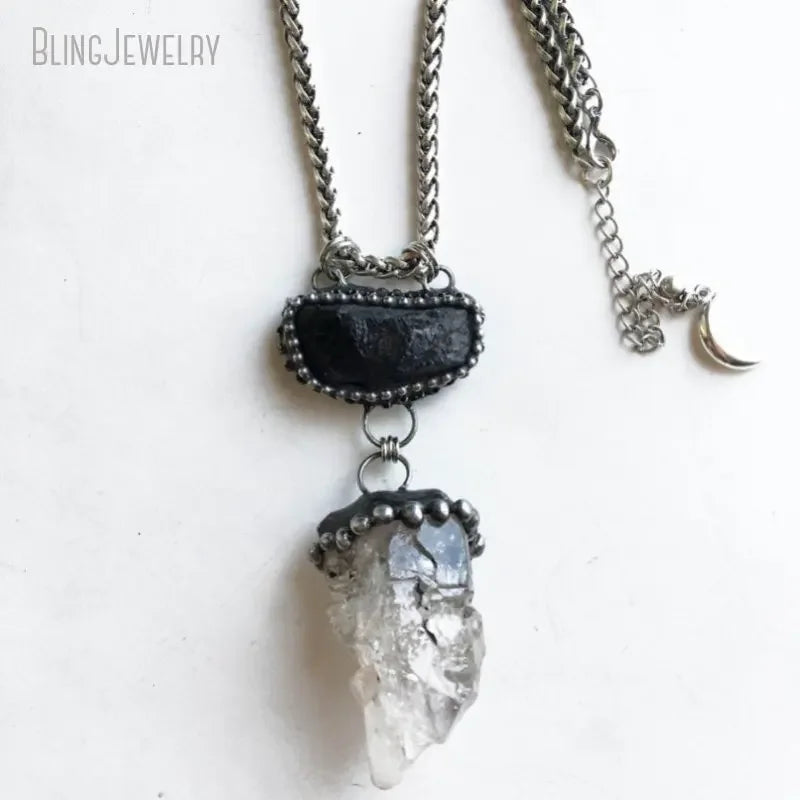 Raw Black Tourmaline Herkimer Quartz Crystal Necklace