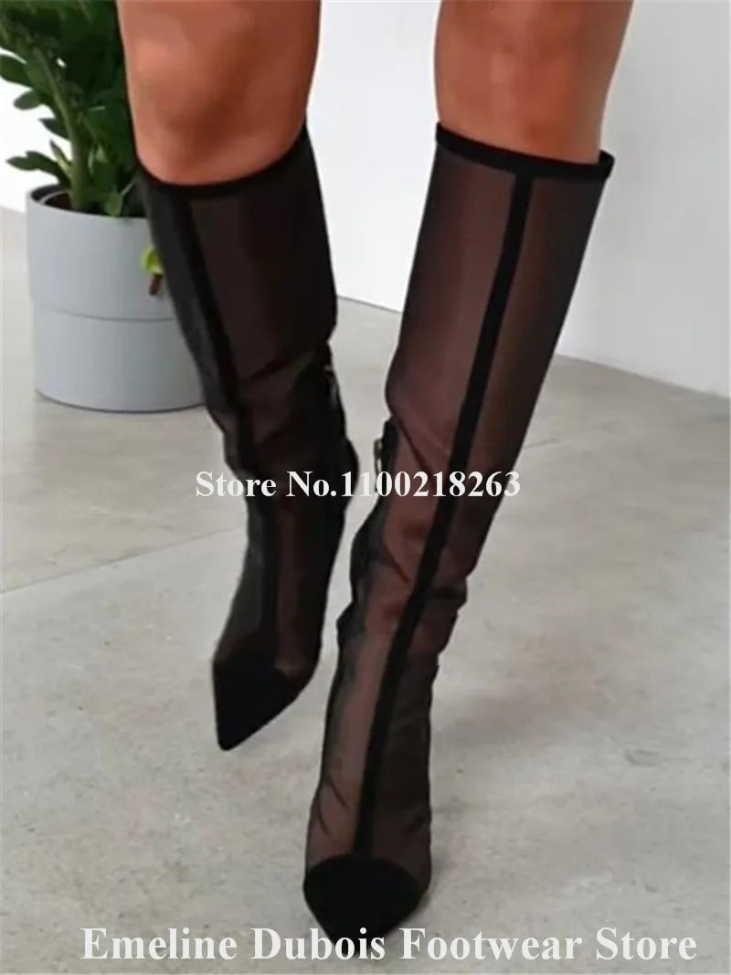 Emeline Dubois Black Mesh Patchwork Knee High Boots