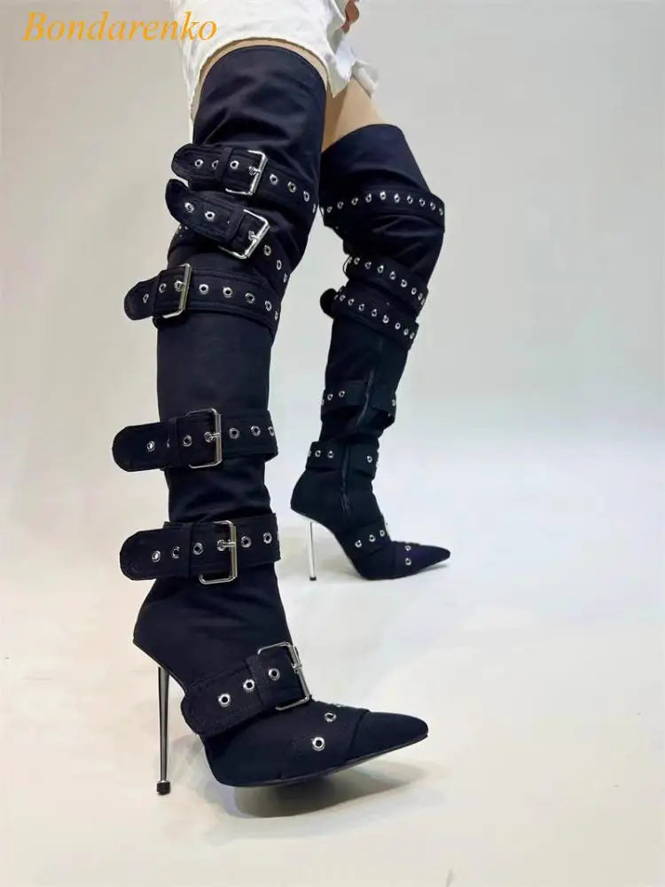 Metal Stiletto Heels Thigh-High Boots- Buckles Straps