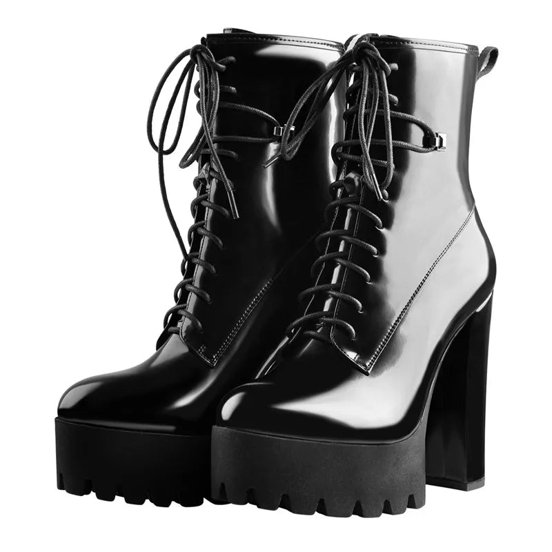 Onlymaker Round Toe Black Patent Leather Chunky Platform Ankle Boots