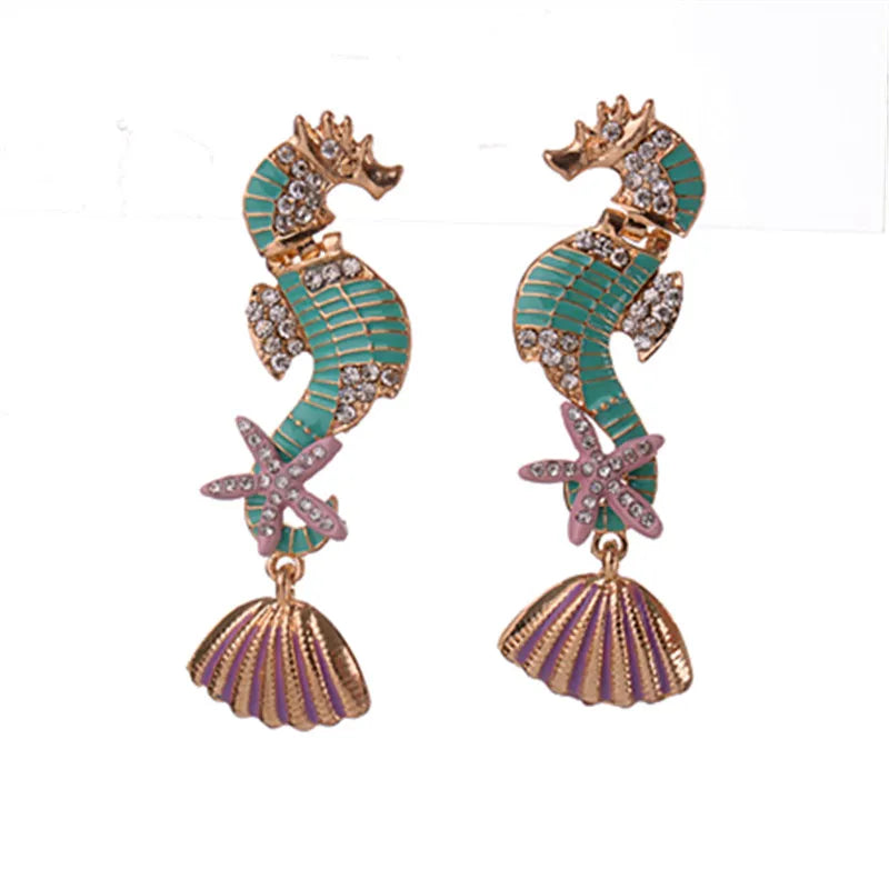 LUBOV Gorgeous Sea Horses Starfish Seashell Statement Earrings