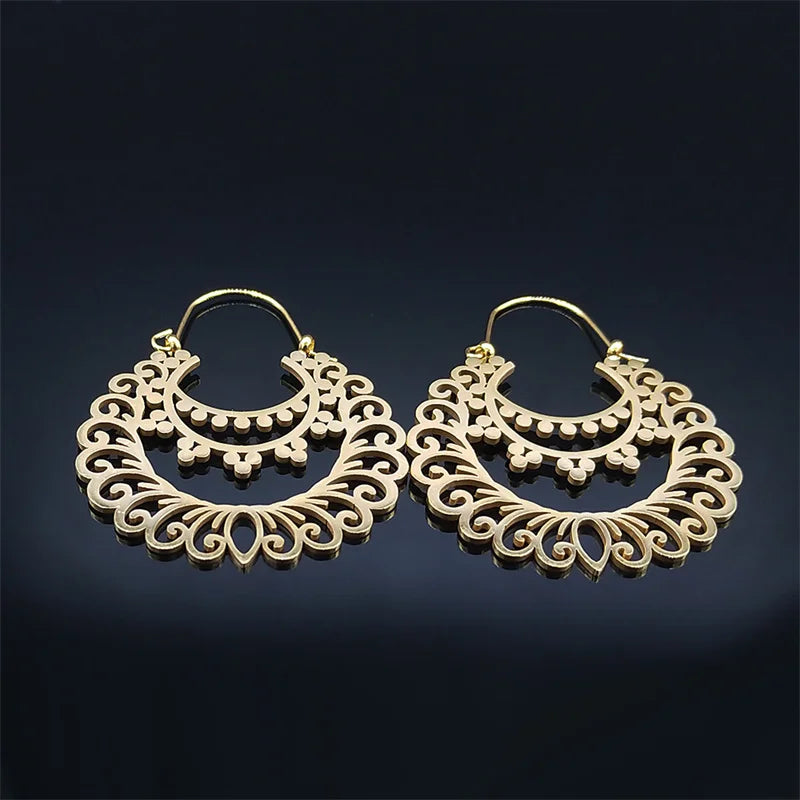 Stainless Steel Gold Color Big Flower Circle Earrings - Boho Jewery