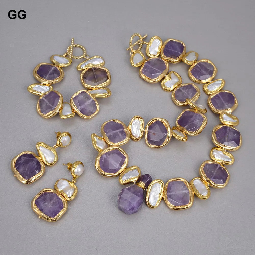 GuaiGuai Natural Freshwater White Biwa Pearl Green Nugget Amethysts Gold Plated Pendant Necklace Bracelet Earrings Sets