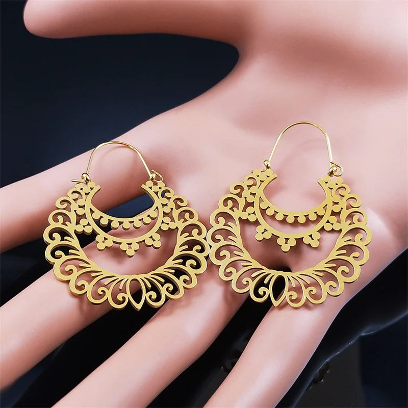 Stainless Steel Gold Color Big Flower Circle Earrings - Boho Jewery