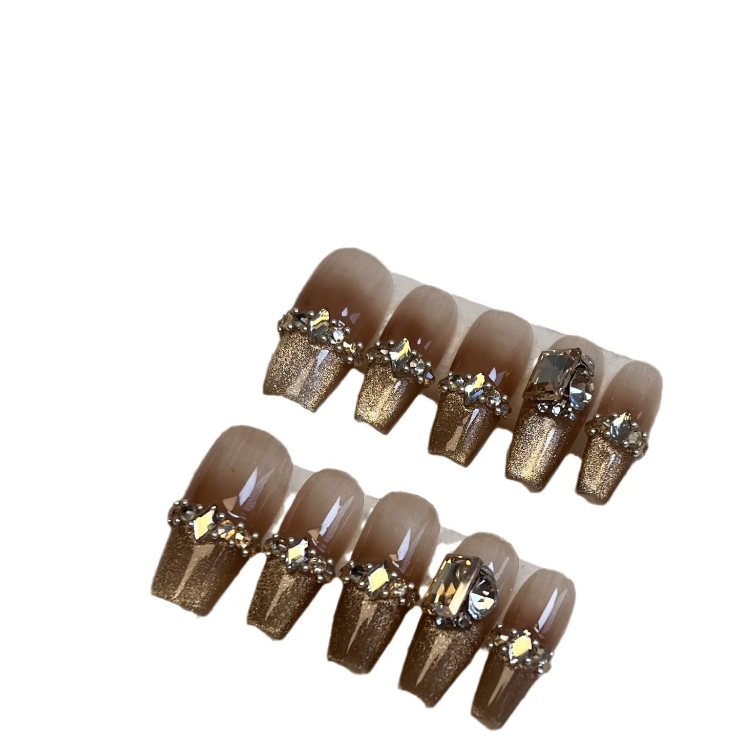 10 pcs Luxury Handmade Press on Nails - Middle French with Rhinestone Design