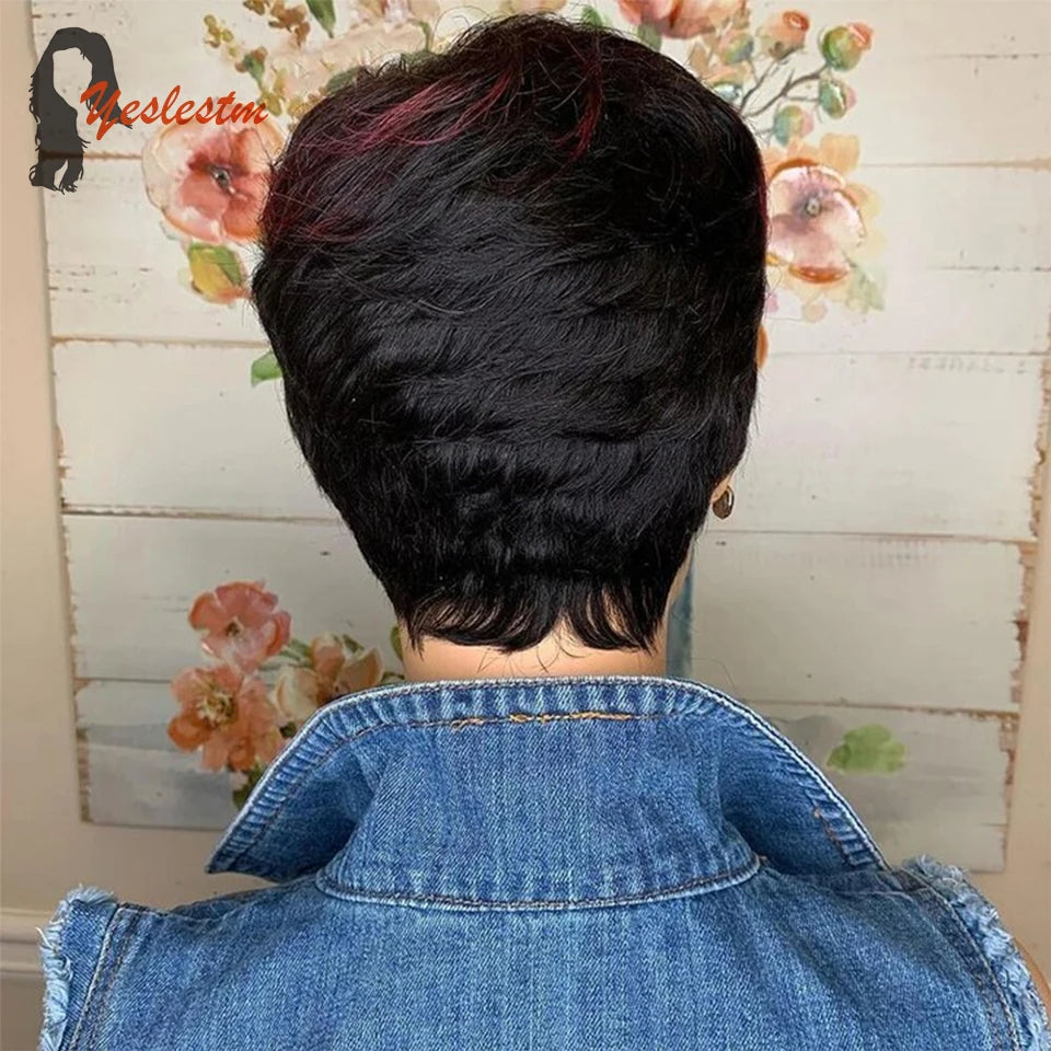 1b/99j Red Color Pixie Short Cut Bob Human Hair - Full Machine Wigs