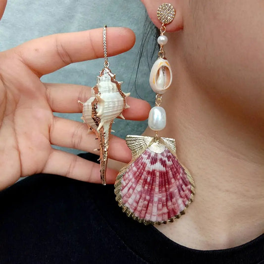 Y¡YING Natural Sea Shell White Rice Pearl Asymmetric Dangle Earrings
