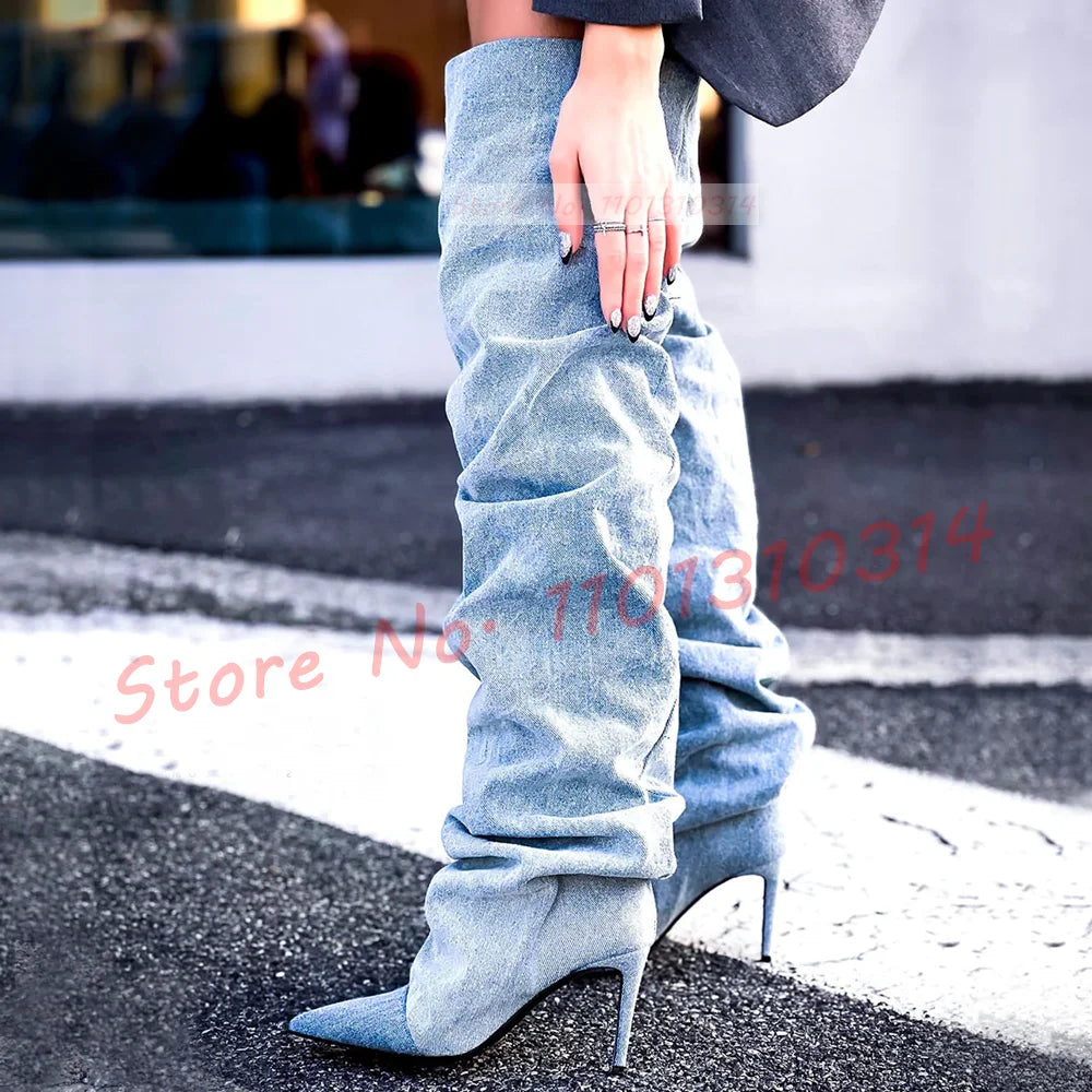 Blue denim thigh high boots best sale