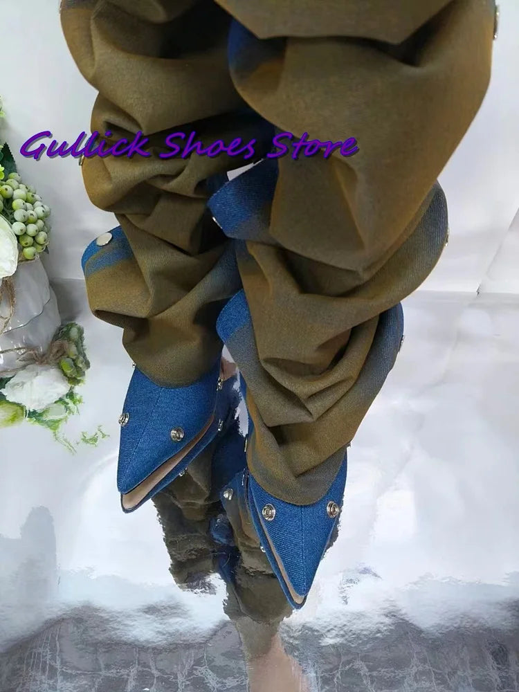 Pleated Mixed Color Long Stiletto Boots- Metal Rivets