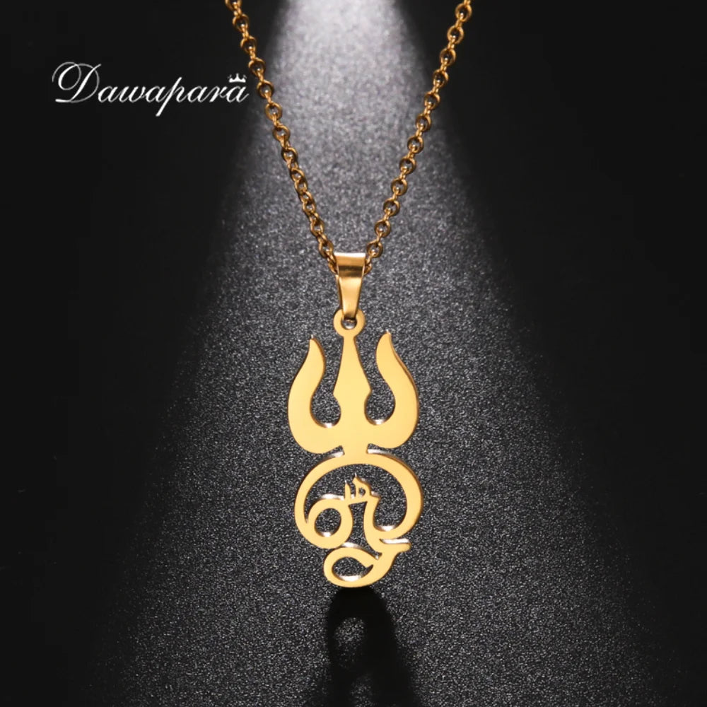 Dawapara India Tamil Om Symbol with Trident Pendant Stainless Steel Necklace