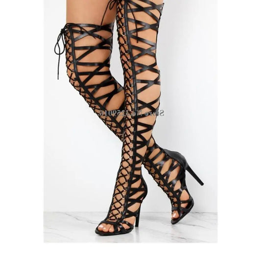 Lace-up Straps Cross Over Knee Boots - Gladiator