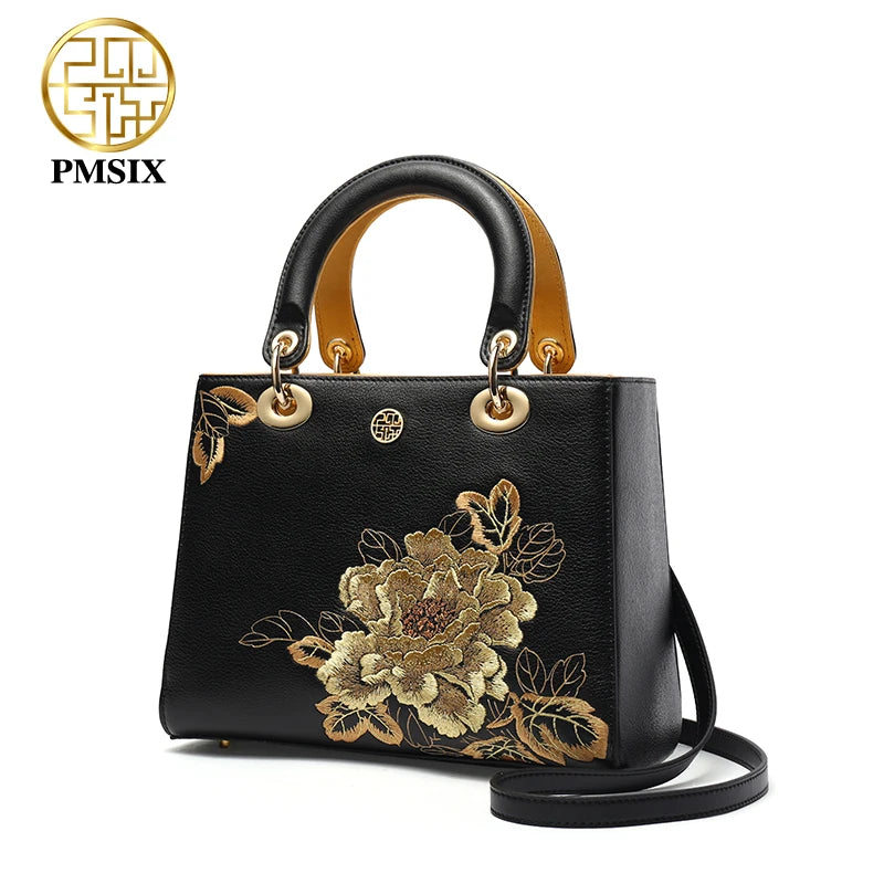PMSIX Embroidery Gold Flowers Genuine Leather Handbag