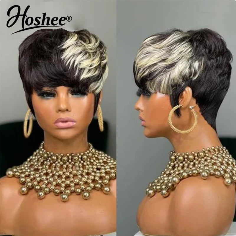 Colored Short Pixie Cut Human Hair Wigs - Glueless Wear And Go
