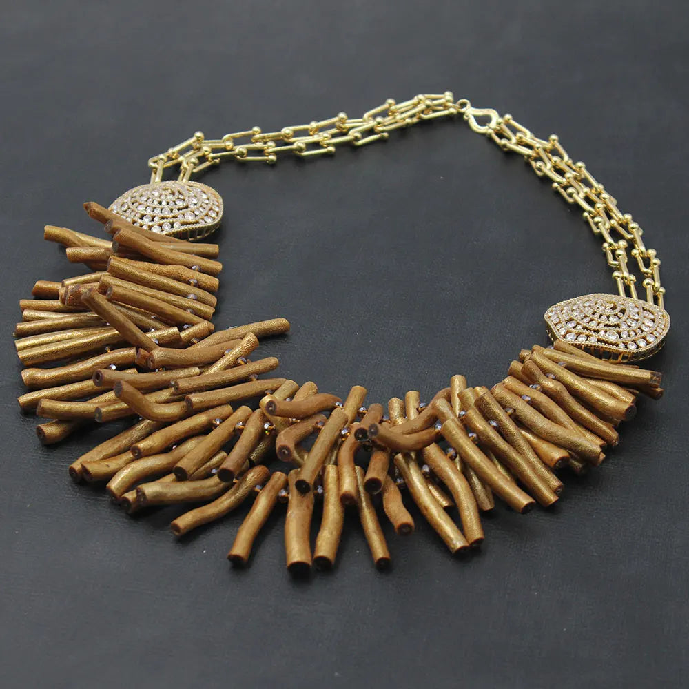 G-G 3 Rows Yellow Coral Gold Plated Chain Necklace C