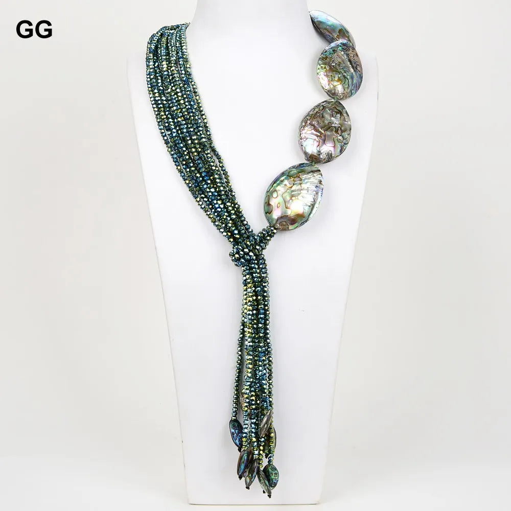 GG Natural 22" Paua Abalone Shell Green Crystal Pendant Necklace