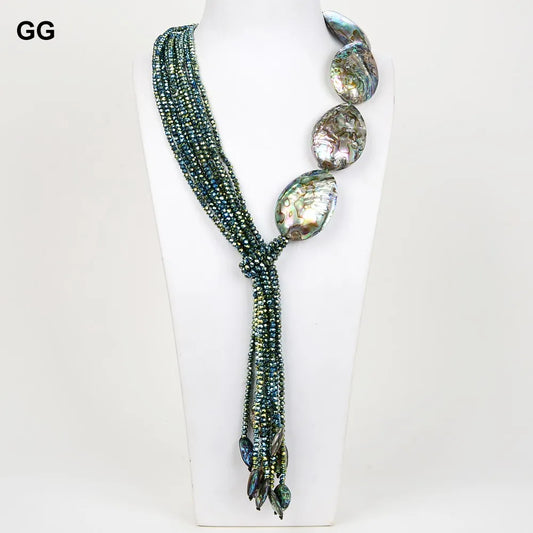 GG Natural 22" Paua Abalone Shell Green Crystal Pendant Necklace