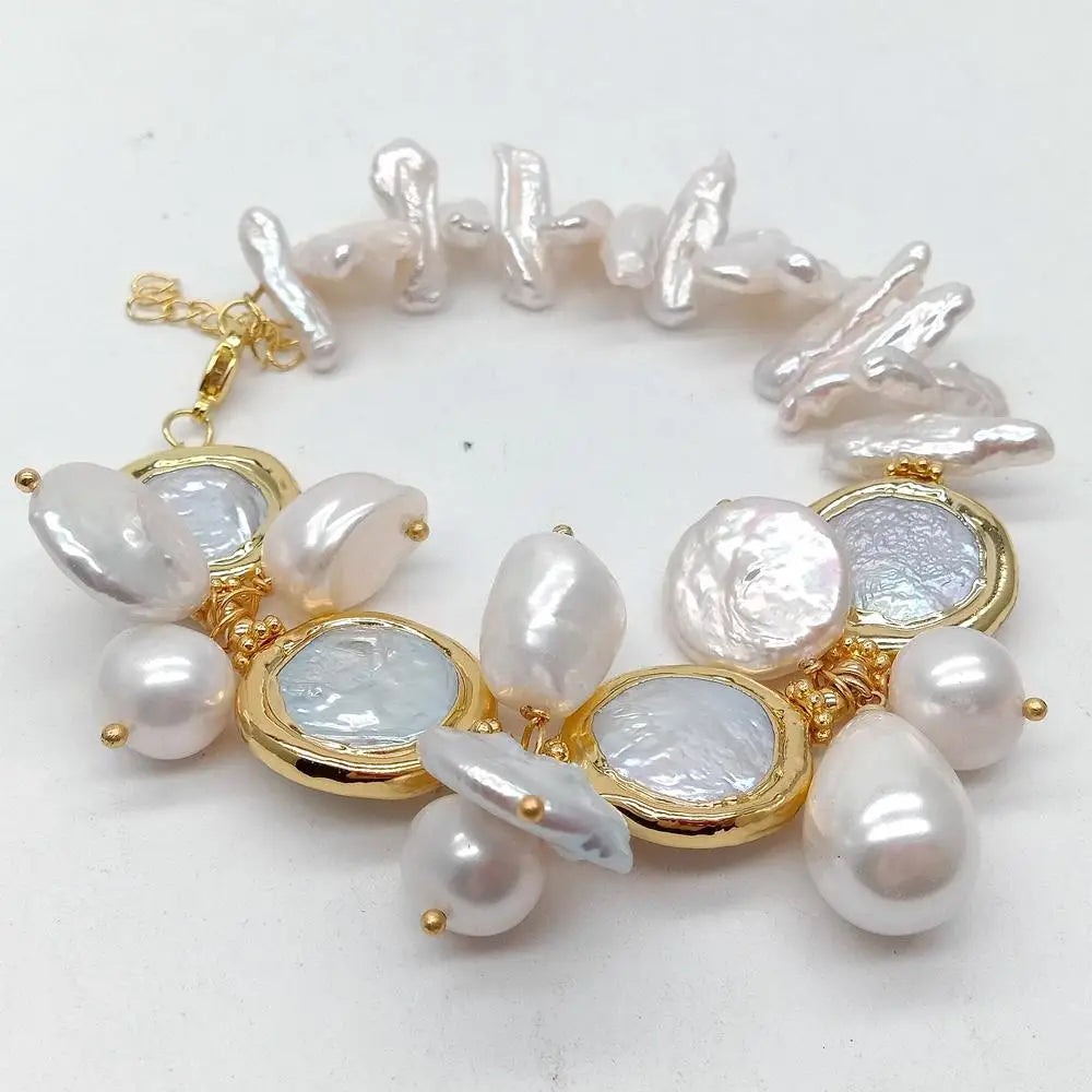 Y·YING Natural Multi Shape Freshwater Pearl Sea Shell Pearl Gold plated Bracelet 8"