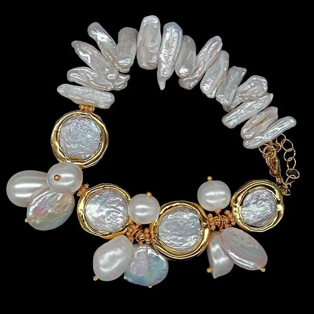 Y·YING Natural Multi Shape Freshwater Pearl Sea Shell Pearl Gold plated Bracelet 8"