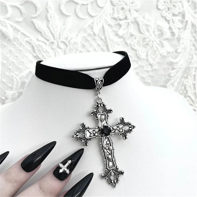 Goth Limited Black Velvet Cross Bead Choker