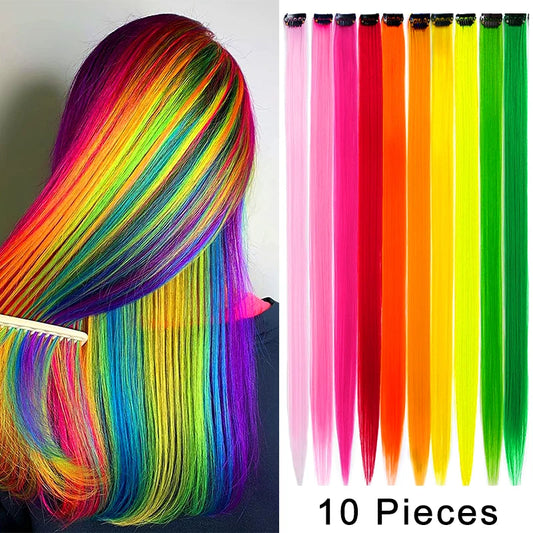 10Packs Straight Colored Clip-In Hair One Piece Long Synthetic Rainbow 22 Inchhair ex