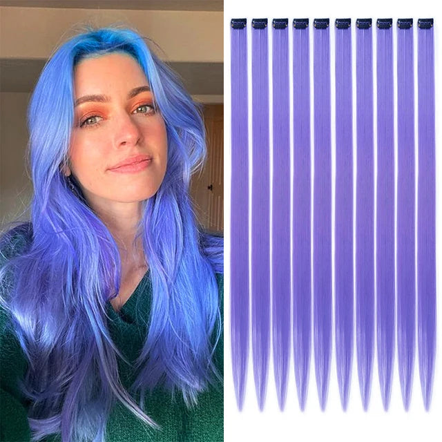 10Packs Straight Colored Clip-In Hair One Piece Long Synthetic Rainbow 22 Inchhair ex