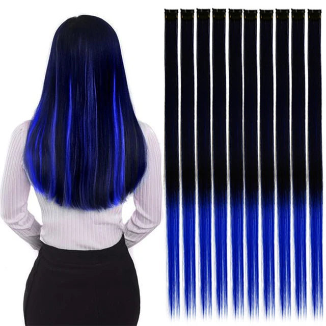 10Packs Straight Colored Clip-In Hair One Piece Long Synthetic Rainbow 22 Inchhair ex