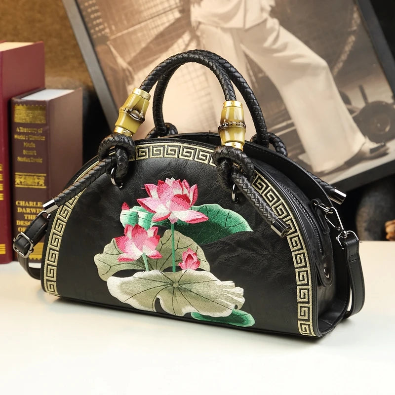 Vintage Leather Flower Embroidery Cowhide Portable Shell Bags