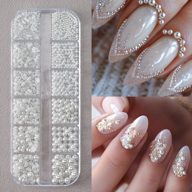 Round White Pearls Nail Beads Nail Charms 12 grids (0.15-0.5cm) - Caviar Beads Nail Art Deco