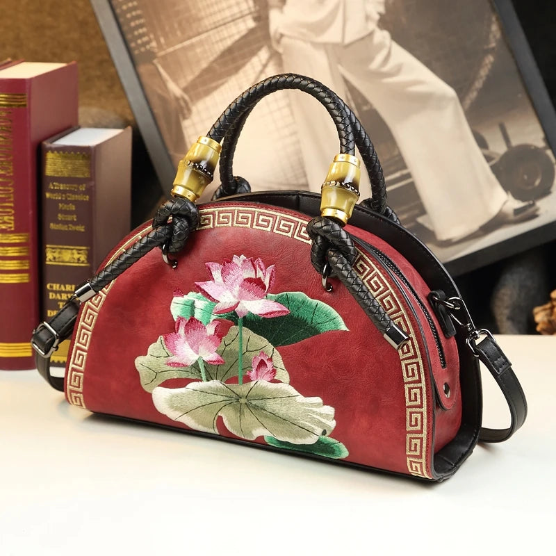 Vintage Leather Flower Embroidery Cowhide Portable Shell Bags