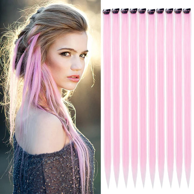 10Packs Straight Colored Clip-In Hair One Piece Long Synthetic Rainbow 22 Inchhair ex