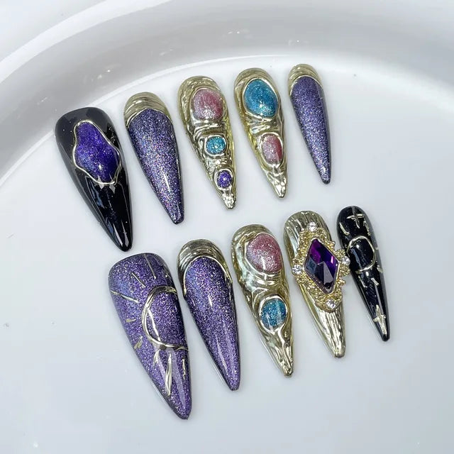 10pcs Purple Cat Eye Stiletto Press On Nails
