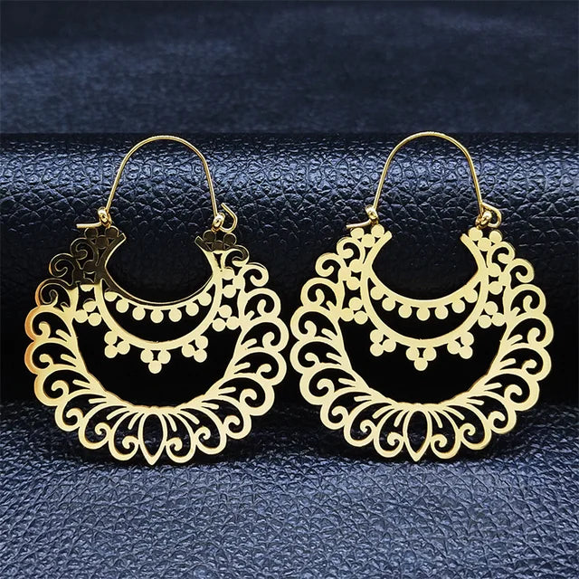 Stainless Steel Gold Color Big Flower Circle Earrings - Boho Jewery