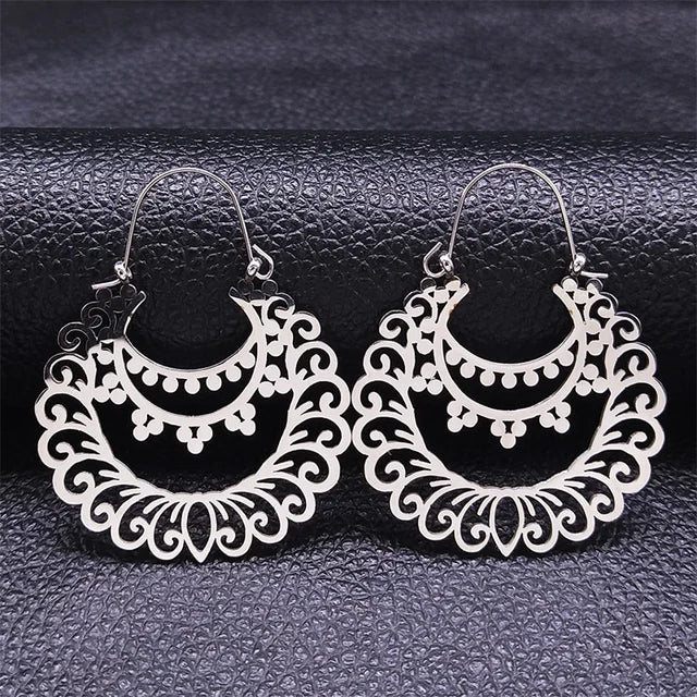 Stainless Steel Gold Color Big Flower Circle Earrings - Boho Jewery