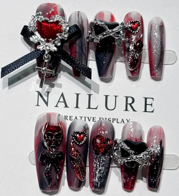 Handmade Beautiful Y2k Press on Nails Goth Style Black and Red - Halloween