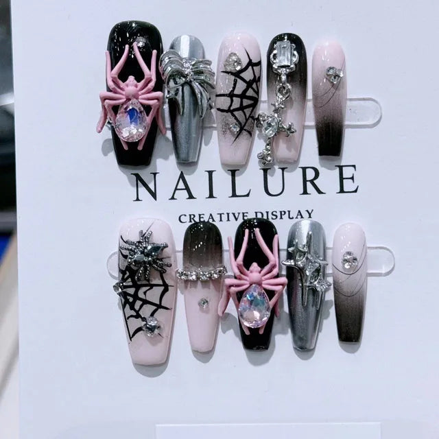 Handmade Beautiful Y2k Press on Nails Goth Style Black and Red - Halloween