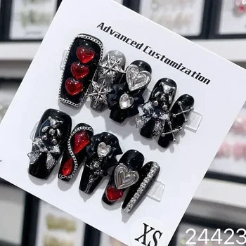 Handmade Beautiful Y2k Press on Nails Goth Style Black and Red - Halloween