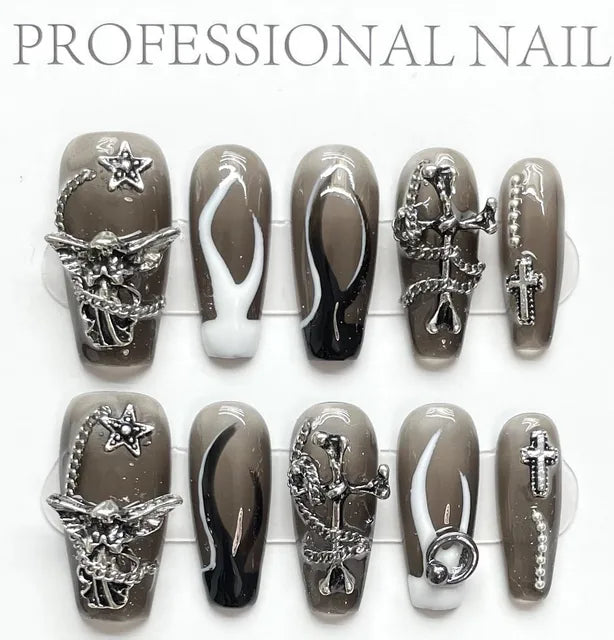 Handmade Beautiful Y2k Press on Nails Goth Style Black and Red - Halloween