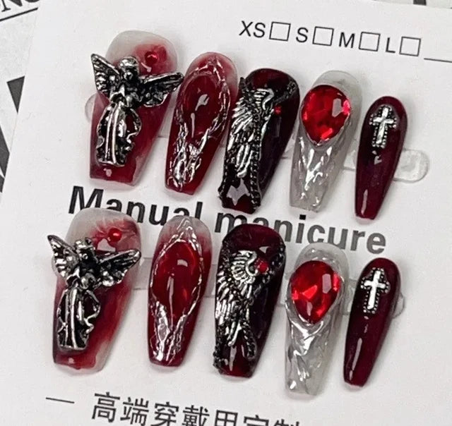 Handmade Beautiful Y2k Press on Nails Goth Style Black and Red - Halloween